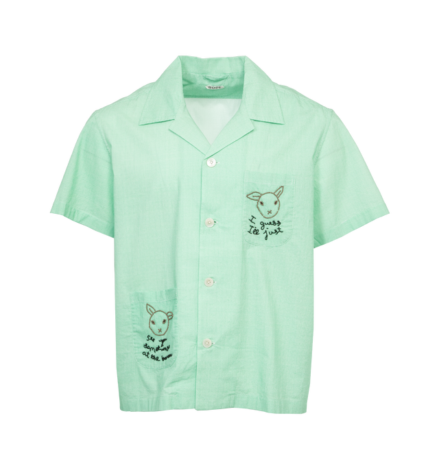 Image 1 of 3 - GREEN - BODE See You at the Barn Short Sleeve Shirt featuring spread collar, short sleeves, button front and hand-beading "I guess I'll just see you sometime at the barn" slogan. 100% cotton. Made in India. 