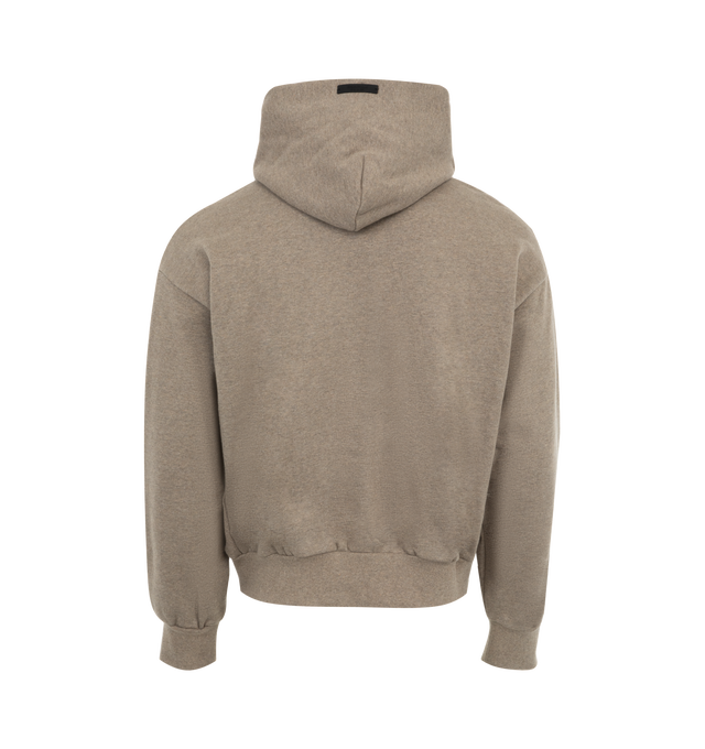 Image 2 of 2 - GREY - Fear of God Essentials Men's heavy fleece hooded sweatshirt in a shrunken fit with rib-knit trims and University crest print at the front. 