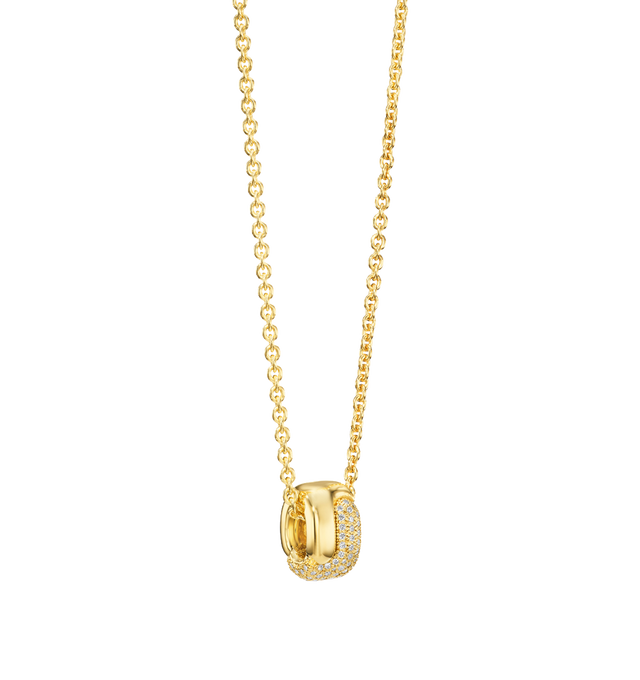 Image 2 of 2 - GOLD - PAMELA ZAMORE Holos Small Diamond Ring Necklace featuring two sculptural halves of a piece interlocking to become one. Hand-finished. 18K yellow gold, 11g. 0.96ct diamonds. Length: 16/18". Hirshleifers offers a range of pieces from this collection in-store. For personal consultation and detailed information about jewelry, please contact our dedicated stylist team at personalshopping@hirshleifers.com. This item may be restricted for online purchase to international clients. For assista 