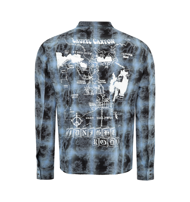 Image 2 of 2 - BLUE - MIDNIGHT RODEO Flannel Shirt freaturing front button closure, chest flap pockets with button closure, button cuffs, front and back graphic logo detail, frayed raw-cut hem and lightweight flannel fabric. 100% cotton. 