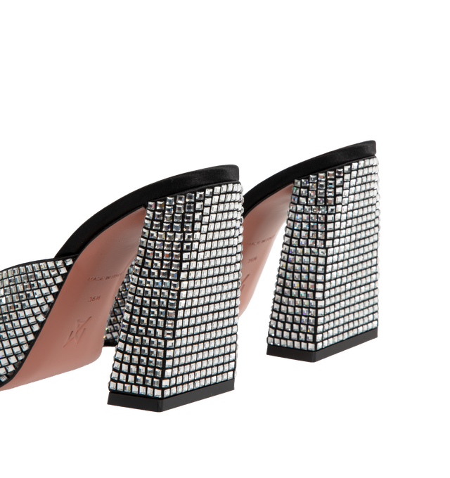 Image 3 of 4 - BLACK - AMINA MUADDI Charlotte Crystal Mule Satin featuring block heel, crystal embellished and square toe. 100% satin. Lining: 100% goat. Sole: 70% leather, 30% rubber.  