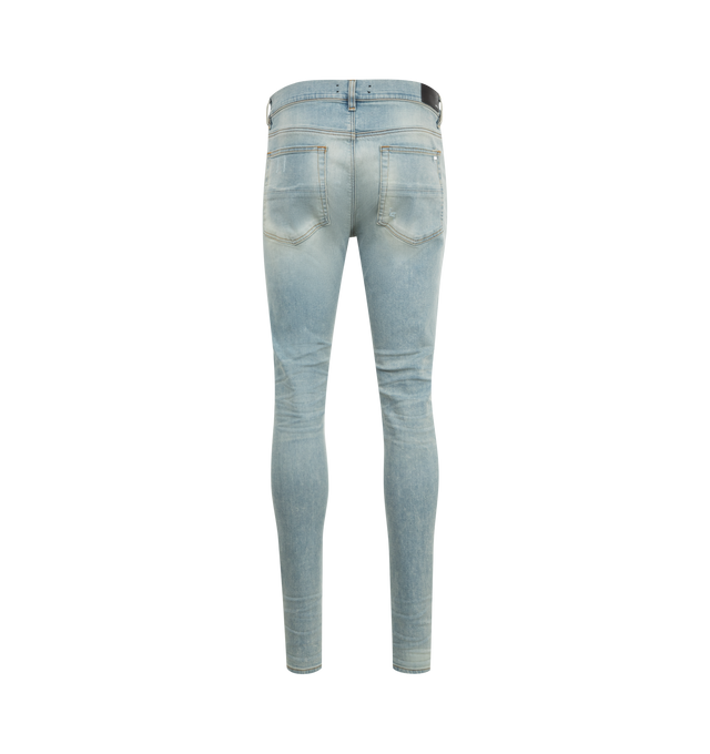 Image 2 of 3 - BLUE - Amiri Ultrasuede MX1 Jeans are a 5-pocket style with hand distressing, and pleated suede repairs. 92% cotton, 6% elastomultiester, 2% elastane. 100% ultrasuede. Made in USA.  