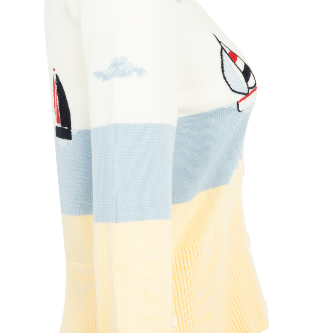 Image 4 of 4 - MULTI - THOM BROWNE Nantucket Scenic Embroidery Cardigan featuring v-neckline, front button closure with striped grosgrain placket, buttoned side vents and cuffs with signature striped grosgrain trim and signature striped grosgrain loop tab. 100% cotton. Made in Italy. 