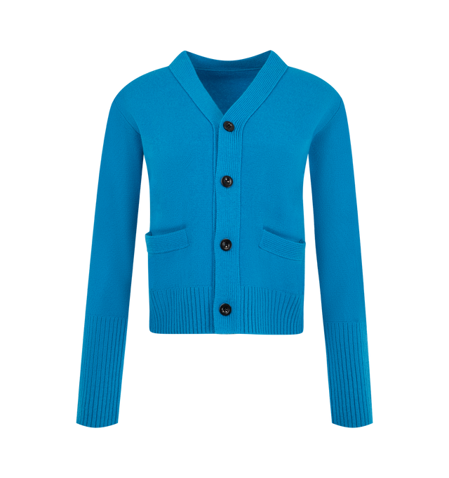 Image 1 of 2 - BLUE - Sacai wool knit cardigan featuring button-front closure, v-neck and front patch pockets. 100% wool. Made in Japan. 