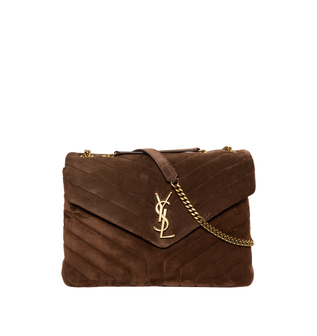 BROWN - SAINT LAURENT YSL LouLou Bag has quilted overstitching, front flap, magnetic closure, leather and metal chain strap, brass-tone hardware, and signature logo. 80% calfskin and 20% brass. Made in Italy.  