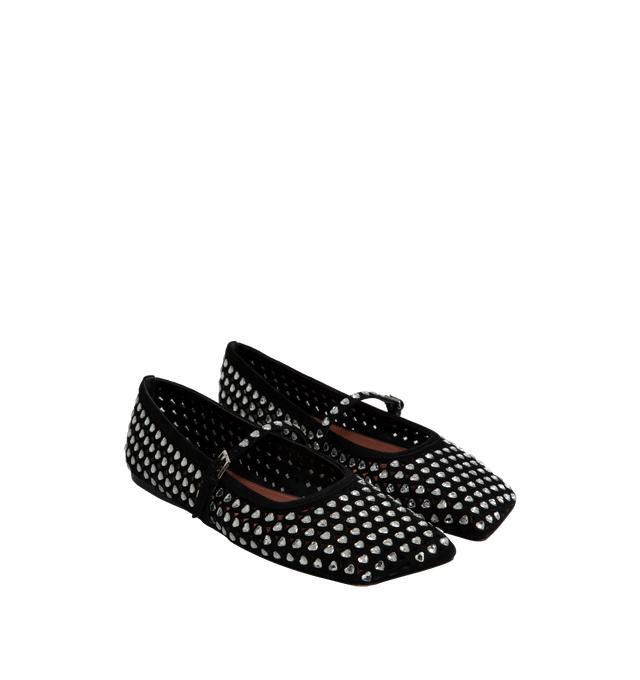 Image 2 of 4 - BLACK - AMINA MUADDI Ane Crystal Heart Flats featuring squared toe, suede, heart crystal embellishment and mary jane buckle strap. 100% lambskin. Lining: 100% goat. Sole: 70% leather, 30% rubber.  