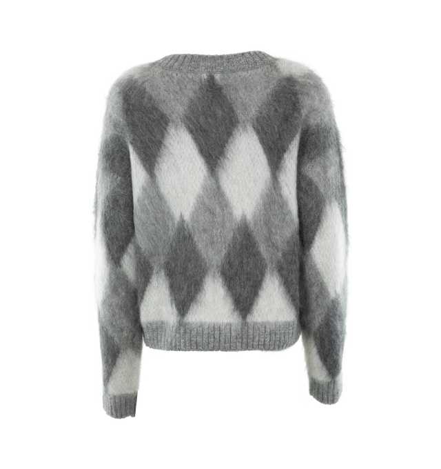 Image 2 of 2 - GREY - MONCLER Argyle Sweater featuring crewneck, pullover style, drop-shoulder, long sleeves, logo patch at upper sleeve, allover diamond patterning and ribbed edges at neck, cuffs and hemline. 49% mohair, 34% polyamide, 17% wool. Made in Italy. 