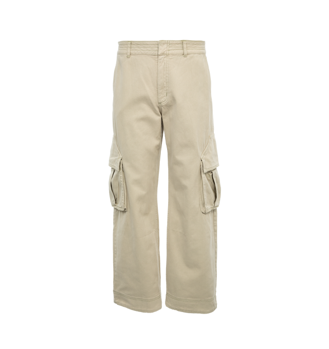 Image 1 of 4 - NEUTRAL - RHUDE Parta Spray Cargo Pants featuring flat front, side seam pockets, side flap patch pockets, back patch pockets and zip fly, hook-and-bar closure. 100% cotton. Made in USA. 