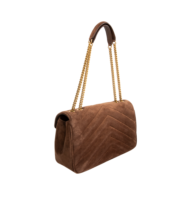 Image 2 of 4 - BROWN - SAINT LAURENT Loulou Medium Bag featuring chain bag in suede with iconic chevron-quilted topstitching, a removable leather pouch and pocket mirror, a sliding chain strap, cotton lining, bronze-tone hardware, magnetic snap closure and one flat pocket. 11.4" x 6.7" x 3.1". Calfskin. Made in Italy. 