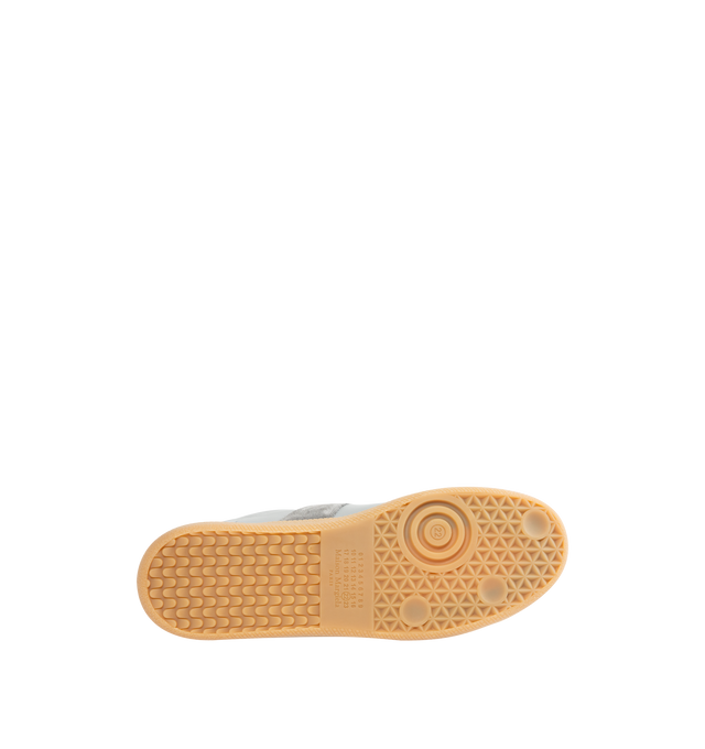 Image 4 of 5 - GREY - MAISON MARGIELA Replica Sneakers featuring lace-up sneakers in buffed nappa calfskin and calfskin suede, contrasting sole, Maison Margiela logo label on the tab, internal Replica label, internal elastic and all-over Maison Margiela logo insole. 100% calf leather. Sole: 100% rubber. Made in Italy. 