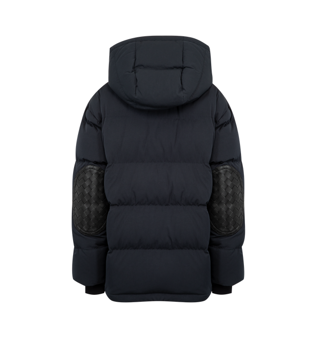 Image 3 of 4 - NAVY - Tech Cotton Puffer Jacket featuring lightweight matte tech cotton, leather pocket detail and internal special label, detachable hood, interior pinched drawstring at the waist, zipper and snap button closure, lined and relaxed fit. 79% cotton, 21% polyamide. 