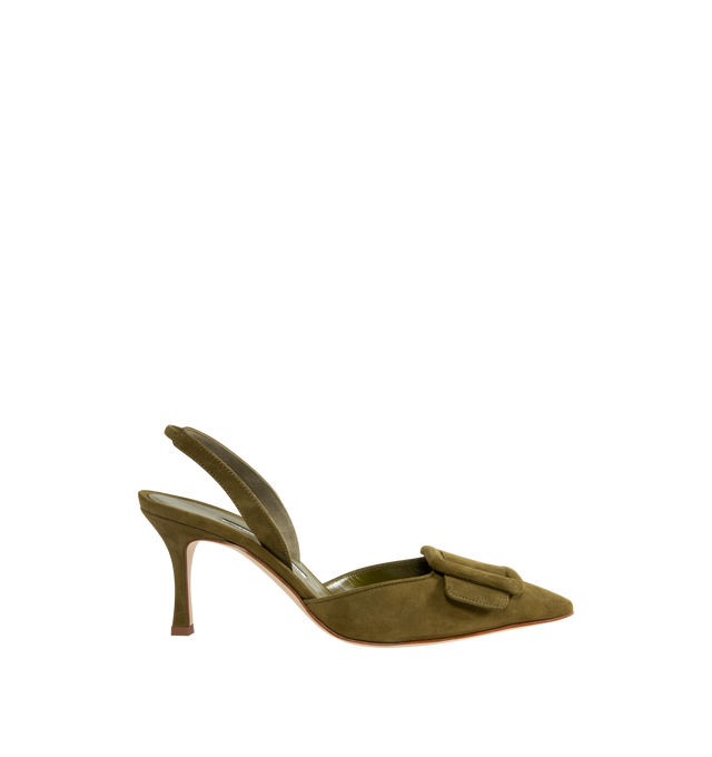 Image 1 of 4 - GREEN - MANOLO BLAHNIK Suede Buckle Detail Slingback Pumps with 2.7" stiletto heel, pointed toe with tonal buckle detail, leather lining and leather sole. Made in Italy. 