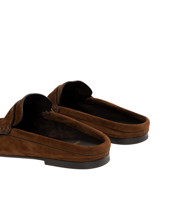 Image 3 of 4 - BROWN - SAINT LAURENT Le Loafer Moc featuring supple loafer mules decorated with the cassandre, a hand-stitched moc toe and leather sole. Calfskin. Made in Italy. 