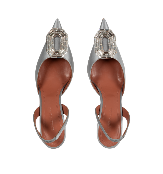 Image 4 of 4 - GREY - AMINA MUADDI Camelia Satin Heels featuring leather covered heel, satin upper, slingback strap with elastic insert, embellished with crystals, pointed toe, leather lining and insole and leather sole with rubber inserts. 100% silk. Made in Italy. 