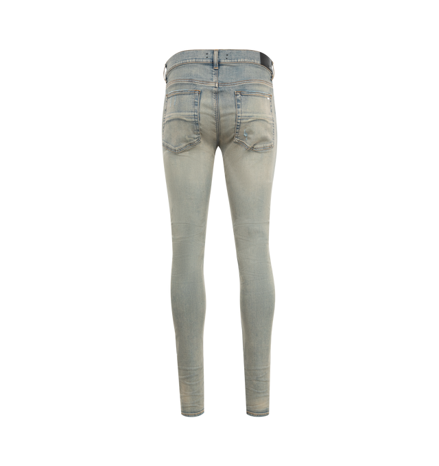 Image 2 of 3 - BLUE - Amiri Suede MX1 Jeans are a 5-pocket style with a button fly,  hand distressing, and suede patches: 92% cotton, 6% elastomultiester, 2% elastane.  