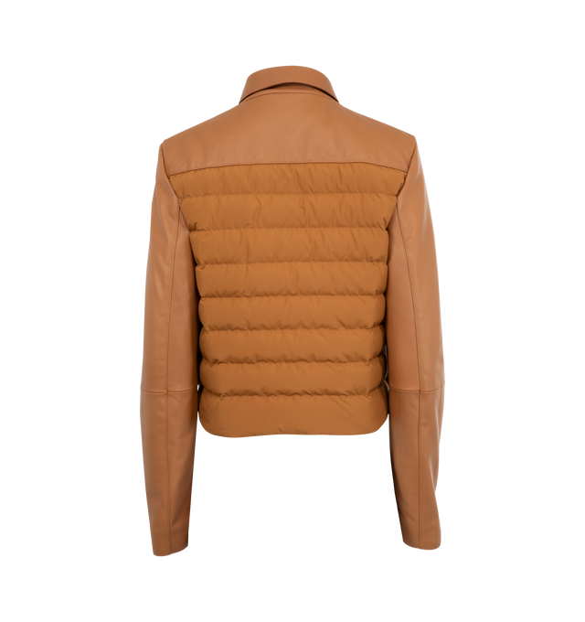 Image 2 of 3 - BROWN - Moncler Nemours Leather Jacket featuring a quilted back panel, point collar, long sleeves, tonal logo patch at left sleeve, patch pockets, classic fit, hem sits at the hip and snap-front. Polyester/leather. Fill: down/feather. Lining: polyester. 