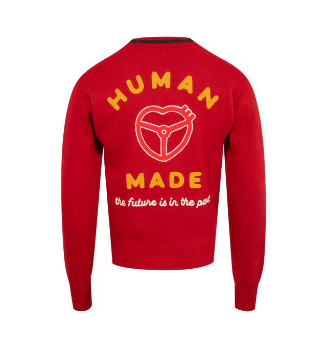 Image 2 of 2 - RED - Human Made Car Club Cardigan has a deep V neck, a 4-button front closure, embroidered graphics, 2 patch pockets, and ribbed trims. 100% wool.  