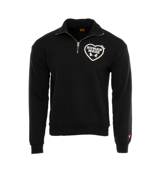 Image 1 of 4 - BLACK - HUMAN MADE Military Half-Zip Sweatshirt featuring half-zip sweatshirt with a rounded body, military-style design, heart motif on the left chest and ribbed cuffs and hem. 100% cotton. Made in Japan. 
