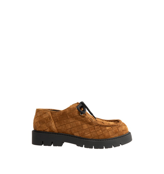 Image 1 of 4 - BROWN - Bottega Veneta Men's Haddock Lace-Up Shoe in smooth suede with all-over Intrecciato craftsmanship. Upper and lining: calfskin suede leather. Rubber outsole. Made in Italy. 