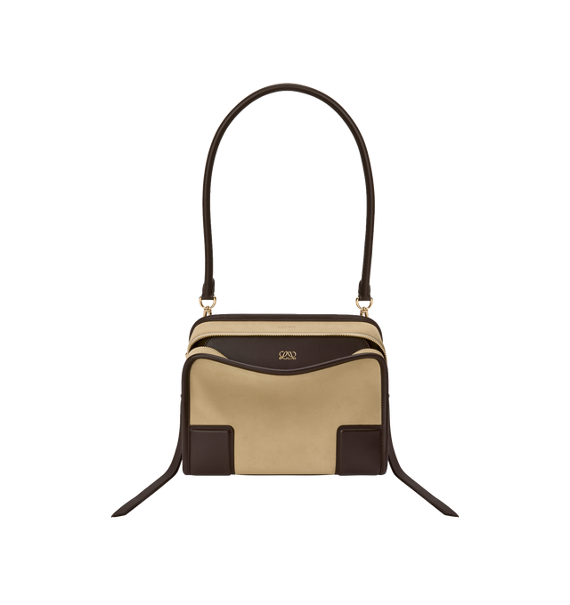 Image 10 of 17 - BROWN - LOEWE Small Amazona 180 Bag in suede featuring a relaxed silhouette anchored by a single toron top handle, designed to be carried open, while a concealed closure secures the main compartment, three carry options: short handle, removable shoulder strap and crossbody, zip closure with two leather zip pullers, two compartments, main compartment closed with magnetic closure, internal flat pocket, left side d-ring for customization, suede and nappa lambskin lining, embossed LOEWE and emb 