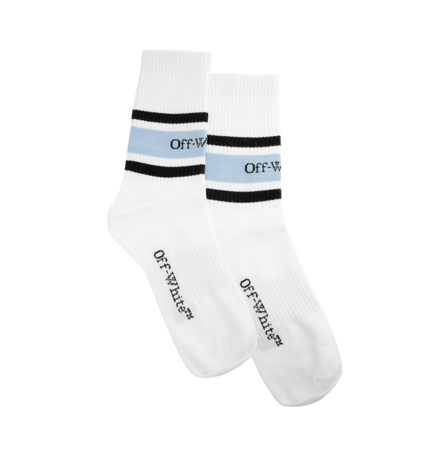 Image 1 of 2 - WHITE - OFF-WHITE Stripes Logo Socks featuring calf-high knit stretch, jacquard logo at rib knit cuffs and jacquard logo at sole. 70% cotton, 27% polyamide, 3% elastane. Made in Italy. 