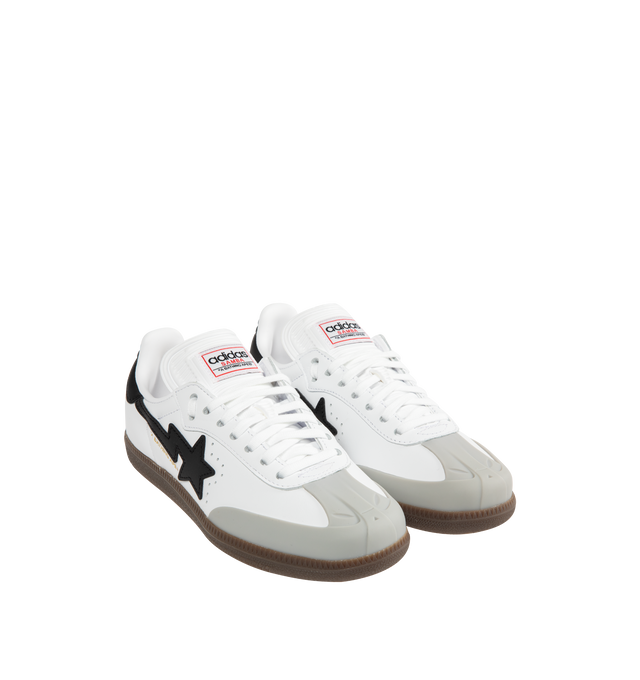 Image 2 of 5 - WHITE - ADIDAS Samba Bape Sneaker featuring leather uppers, gum rubber soles, 3-stripe detail, gold foil lettering, lace up closure and STA logo on lateral. 