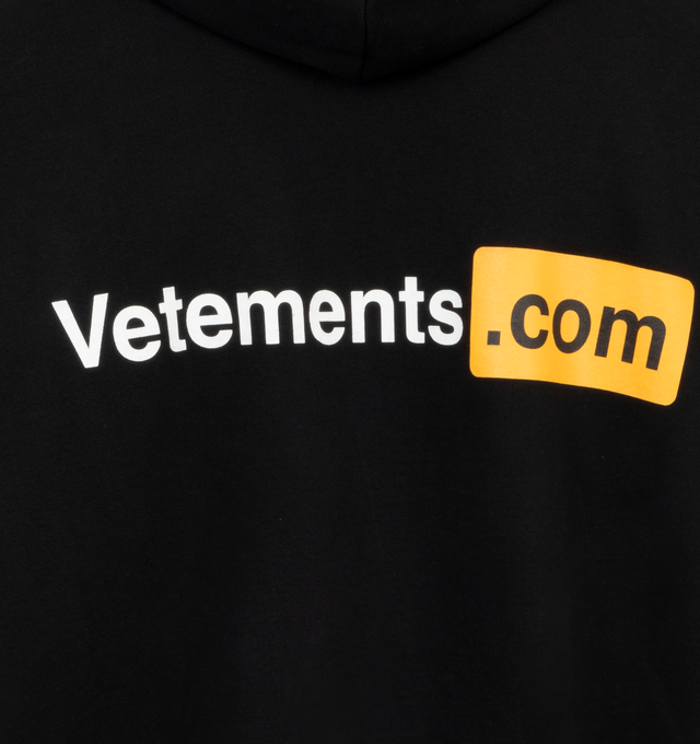 Image 4 of 4 - BLACK - VETEMENTS relaxed fit sweatshirt with drawstring hood, long sleeves, logo print at the chest and back, front pouch pocket, ribbed cuffs and hem.  80% Cotton20% Polyester. 