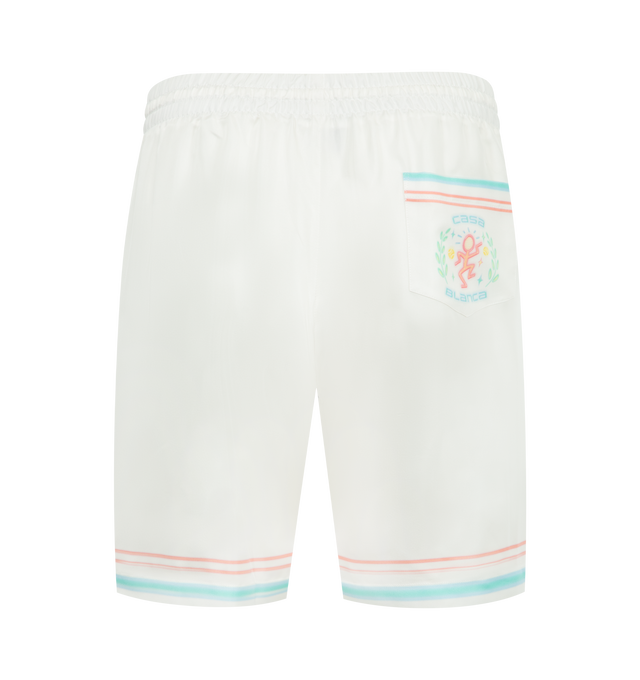 Image 2 of 3 - WHITE - CASABLANCA Dance Joy Silk Shorts featuring elastic mid waistband, adjustable drawstring at the waist, two side pockets, contrast multiolor details at the back and back, back pocket and straight leg. 100% silk. Made in Italy. 