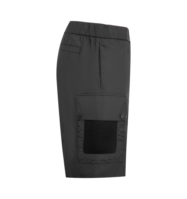 Image 3 of 4 - BLACK - MONCLER Cargo Shorts featuring ripstop fabric, waistband with drawstring fastening, patch pockets with snap button closure and mesh details and logo details. 100% polyester.  