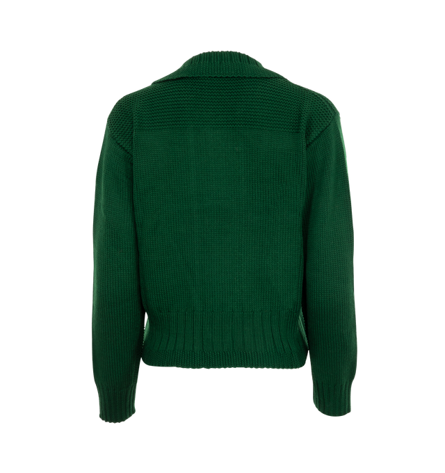 Image 2 of 2 - GREEN - Bode Marion Tassel Cardigan has a collared neck, a zip front closure, and crocheted drawstrings. 100% wool. Made in Peru.  