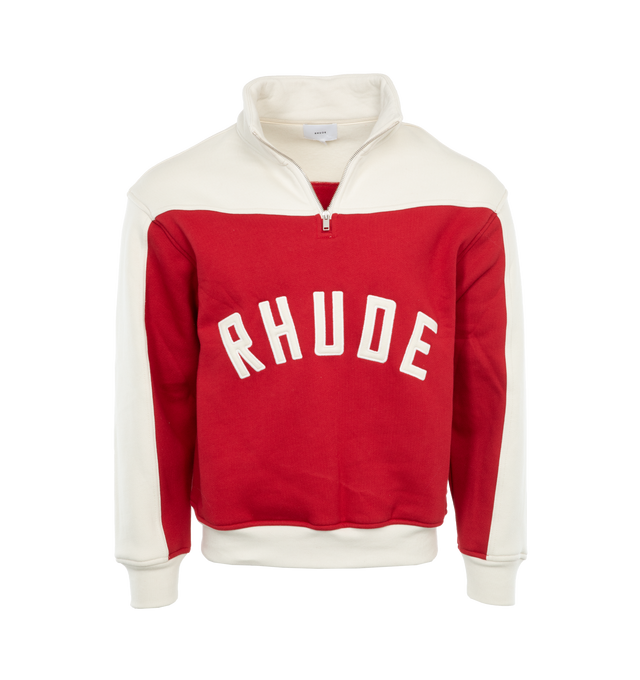 Image 1 of 4 - RED - RHUDE Contrast Varsity Quarter-Zip featuring mockneck, long sleeves, rib-knit trim and quarter-zip closure. 100% cotton. Made in USA. 