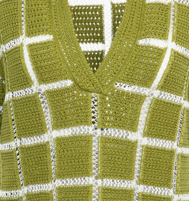 Image 3 of 3 - GREEN - DRIES VAN NOTEN Knit Polo featuring open-knit, spread collar, v-neckline, short sleeves, hip length and relaxed fit. Cotton/nylon/polyamide. Made in Belgium. 