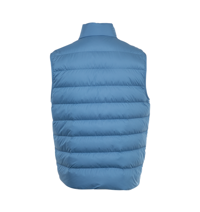 Image 2 of 2 - BLUE - MONCLER Ischiator Vest featuring airsoft lining, slim fit, down-filled, zip closure, zipped pockets and leather logo patch. 100% polyester. Padding: 90% down, 10% feather. Made in Italy. 