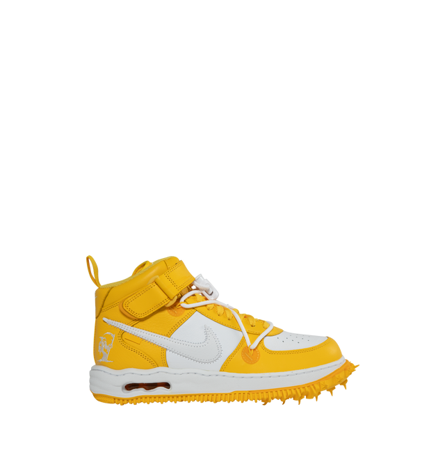 YELLOW - NIKE NIKE AIR FORCE 1 MID X OFF-WHITE� features white Off-White logo script at side and graffiti logo on the tongue, yellow laces and white over laces, white nike logo with a white and yellow rubber sole.