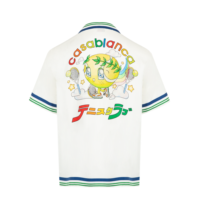 Image 2 of 2 - WHITE - CASABLANCA Silk Twill Short Sleeve Shirt featuring striped trim, open spread collar, concealed button closure, patch pocket at chest and logo graphic printed at chest and back. 100% silk. Made in Italy.  