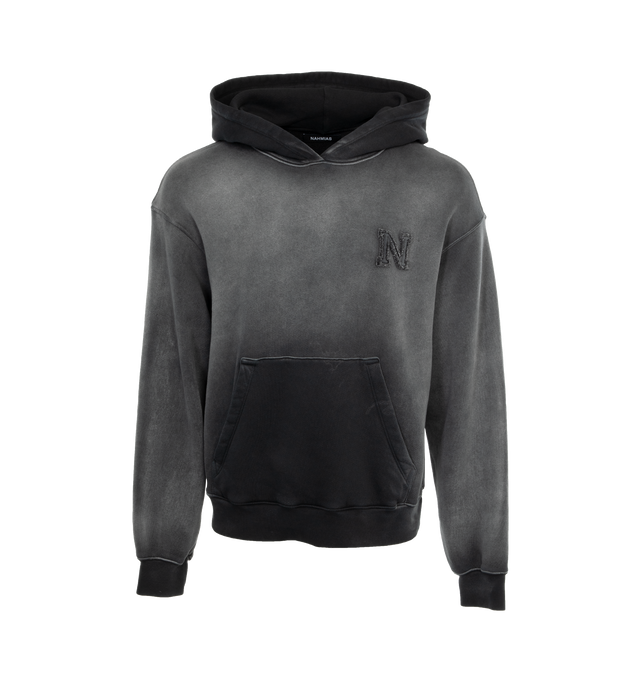 Image 1 of 3 - BLACK - NAHMIAS Sunfade Hoodie featuring dropped shoulders, N patch on front, long sleeves, hood, ribbed hem and cuffs and kangaroo pouch pocket.  