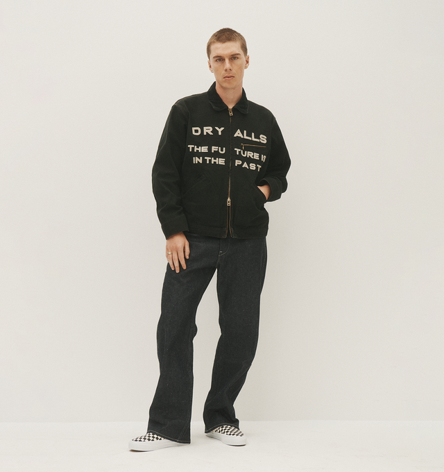 Image 4 of 5 - BLACK - Human Made Men's Zip-up blouson jacket in thick duck cloth. Details include a corduroy collar and chain-stitched graphics. 