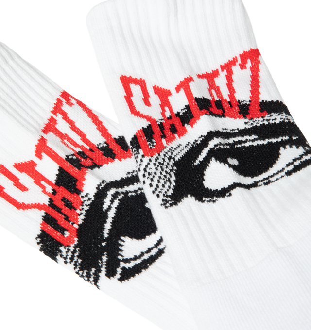 Image 3 of 3 - WHITE - Saint Michael Mens Socks are crafted from a durable cotton-blend knit. Feature ribbed detailing, stitched branding and imagery, and a comfortable stretch fit. Main Material: Cotton, Polyester, Nylon, and Elastane Blend. Made in the USA. 