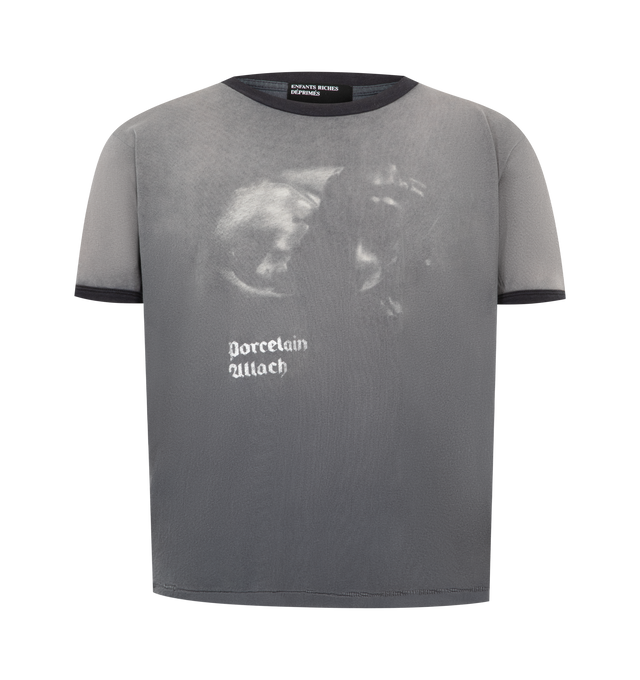 Image 1 of 2 - GREY - Enfants Riches Dprims Mens Porcelain Dog Patch Ringer T-Shirt is crafted from lightweight vintage-texture cotton jersey. Features a slim fit, ribbed crew neckline, ribbed sleeve cuffs, single-stitch hem, printed artwork at the front and back, printed artwork patch at the back, signature vintage wash, and heavy distressed detailing throughout. Main Material: Cotton Jersey. Made in USA. 