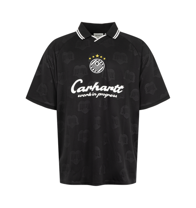 Image 1 of 2 - BLACK - The S/S Terrace Football T-Shirt is made in a loose fit from lightweight polyester fabric featuring allover jacquard motifs. The item has a collar and sleeves accented with contrast trims. Graphic embroidery and prints appear on the front. Material: 100% Polyester 