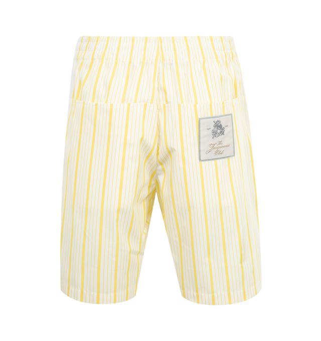 Image 2 of 3 - YELLOW - JACQUEMUS Aloe Striped shorts featuring medium-high rise, jacquard cotton business logo stripes, wide knee-length leg, elasticated waistband, zip fly, one visible button, horizontal leg yoke, four pockets and Jacquemus Club logo label on back. 55% polyamide, 45% cotton. Lining: 100% cotton. Made in Bulgaria. 