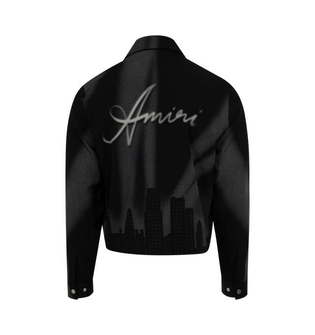 Image 2 of 3 - BLACK - AMIRI Spotlight Jacket featuring zip front closure, classic collar, tonal skyline graphic, logo on front and back, snap button cuffs and side pockets.  