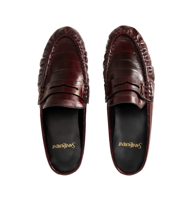 Image 4 of 4 - BROWN - SAINT LAURENT Le Loafer Mules in Eel featuring a classic penny silhouette with gathered edges, hand-stitched moc toe, backless, a YSL logo charm and leather sole. Eel. Made in Italy. 