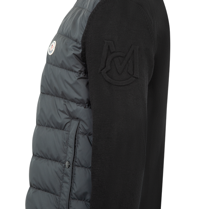 Image 3 of 3 - BLACK - MONCLER Padded Cardigan featuring lightweight micro chic lining, down-filled, stocking stitch, Gauge 7, zipper closure, vertical welt pockets with snap button closure and embossed embroidery. 100% polyester. 100% cotton. Padding: 90% down, 10% feather. 