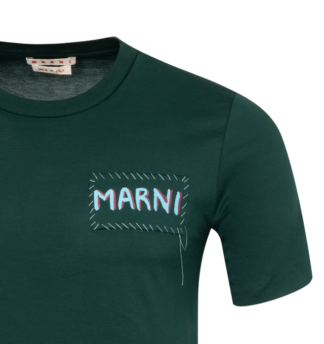 Image 2 of 2 - GREEN - MARNI Patch T-Shirt featuring rib knit crewneck, logo patch at chest and contrast stitching. 100% cotton. Made in Italy. 