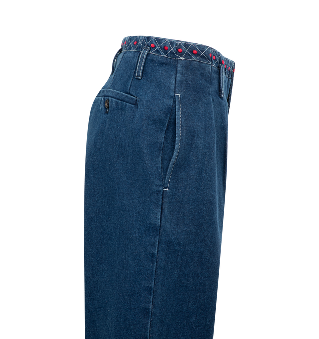 Image 2 of 2 - BLUE - BODE Embroidered Denim Murray Trousers featuring wide leg, pleats, cropped length, embroidery along the waistband and hem and label above the front right pocket. 100% cotton. Made in India. 
