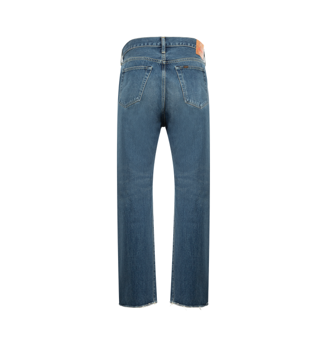 Image 2 of 3 - BLUE - CHIMALA 13.5oz Selvedge Denim Used Ankle Cut Jean featuring mid-rise, classic 5 pocket style, zip fly and button closure, straight cut and unique distressing throughout. 100% cotton. 