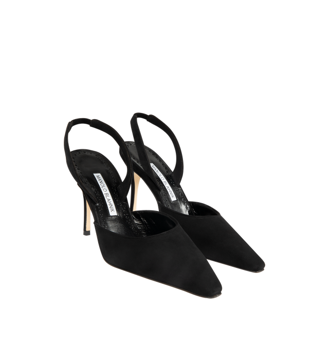 Image 2 of 4 - BLACK - MANOLO BLAHNIK Borelapla Slingback Pump featuring suede upper, point toe, elasticated slingback strap, leather insole and leather sole. Heel measures 90mm. Made in Italy. 