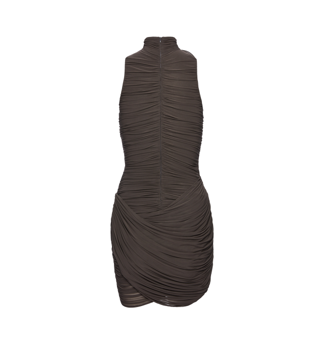Image 3 of 3 - BROWN - MAGDA BUTRYM High-Neck Draped Mini Dress featuring a figure-hugging mini dress with a ruched high neckline, sculptural detailing throughout, handcrafted floral appliqu adorns the neckline, additional drapes overlay at the hips to add volume, subtle padding accentuates the hips for a sculpted effect, a concealed back zip and an integrated bodysuit for a seamless fit. 92% cupro, 8% elastane. 