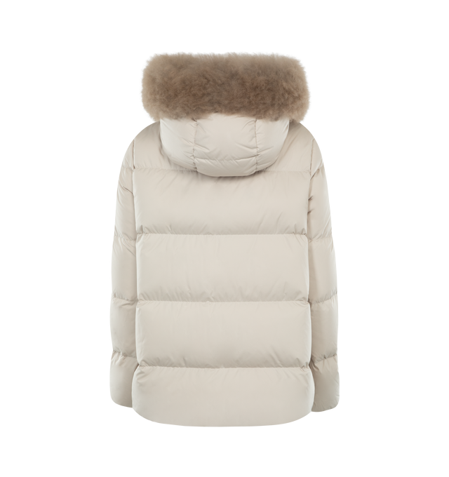 Image 2 of 3 - WHITE - MONCLER Laichefur Short Down Jacket featuring brushed polyester, longue saison lining, down-filled, hood, detachable shearling collar, zipper closure and zipped pockets. 100% polyester. Padding: 90% down, 10% feather. 